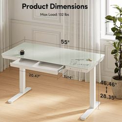 🥨FEZIBO 55”×24” Electric Standing Desk with Drawers, Whole-Piece Glass Adjustable Height Desk, One-Piece Quick Install Adjustable Sit Stand Desk, Whi