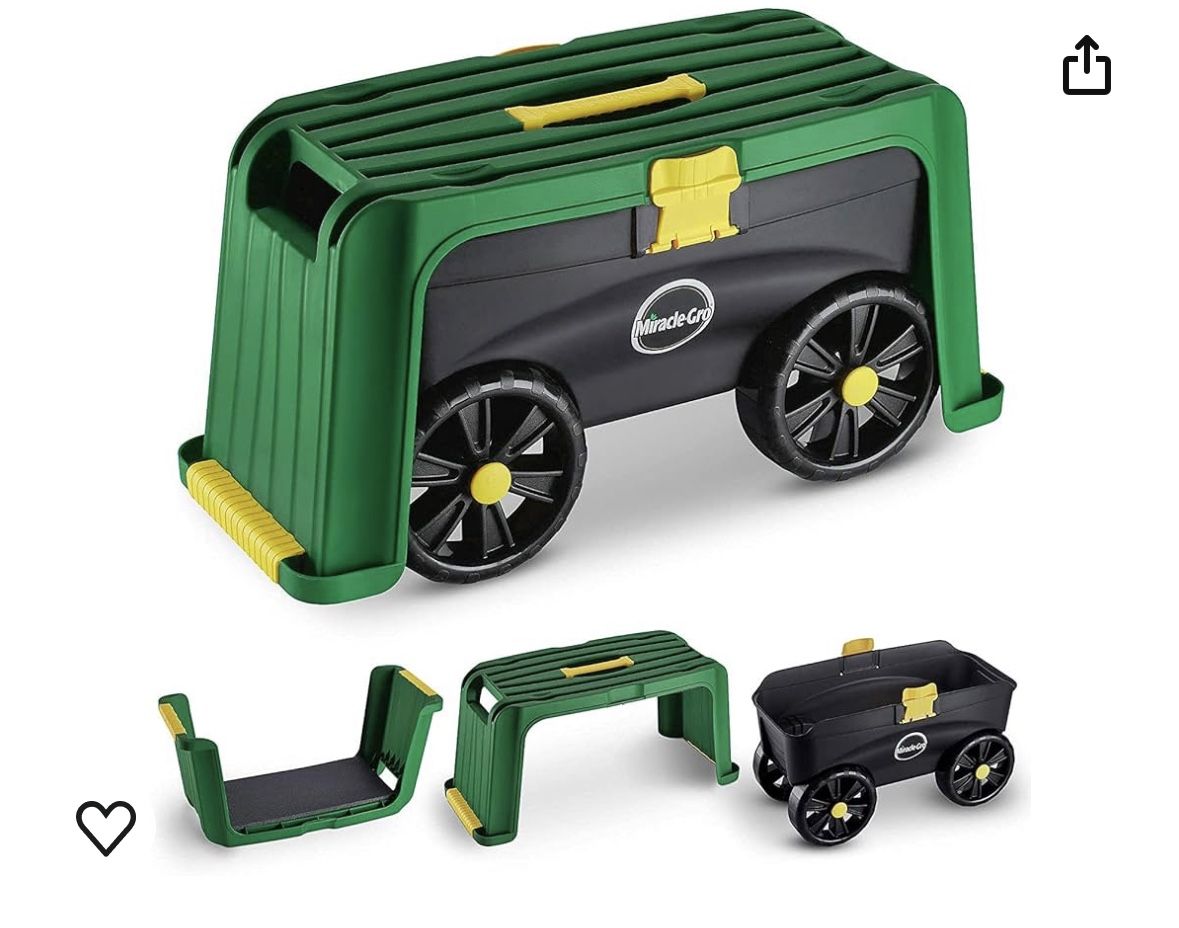 Miracle-Gro 4-in-1 Garden Stool – Multi-Use Garden Scooter with Seat – Rolling Cart with Storage Bin– Padded Kneeler and Tool storage - Accessible Gar