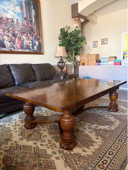 Large Refectory-Style Solid Oak Coffee Table w/Baluster Legs w/Trestle Base