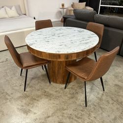 Fluted Wood Dining Table Set with Genuine Marble Stone & Vegan Leather Chairs