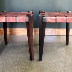 two wood and slung leather stools or side tables 