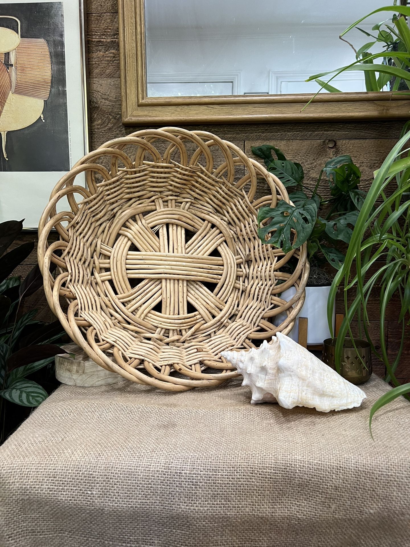 Vintage Boho Large Round Wicker Woven Basket Organizer Decor Coastal Rattan Bamboo Light Wood