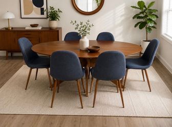 Mid-Century Modern Dining Set – Oval Wood Table & 6 Upholstered Chairs