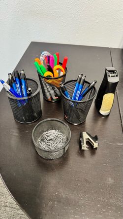 Black Mesh Desk organizer for pens, stapler, staple remover