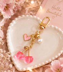 Pink Cherry Charm Keychain with Heart and Pearl