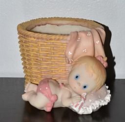 Vintage Baby Girl Nursery Planter Resin Brown Woven Wicker Basket Nursery Decor