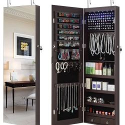 Full Length Mirror Jewelry Cabinet, 6 LEDs Jewelry Armoire Wall Mounted Over The Door Hanging, Jewelry Organizer Storage with Lights Lockable, Brown, 