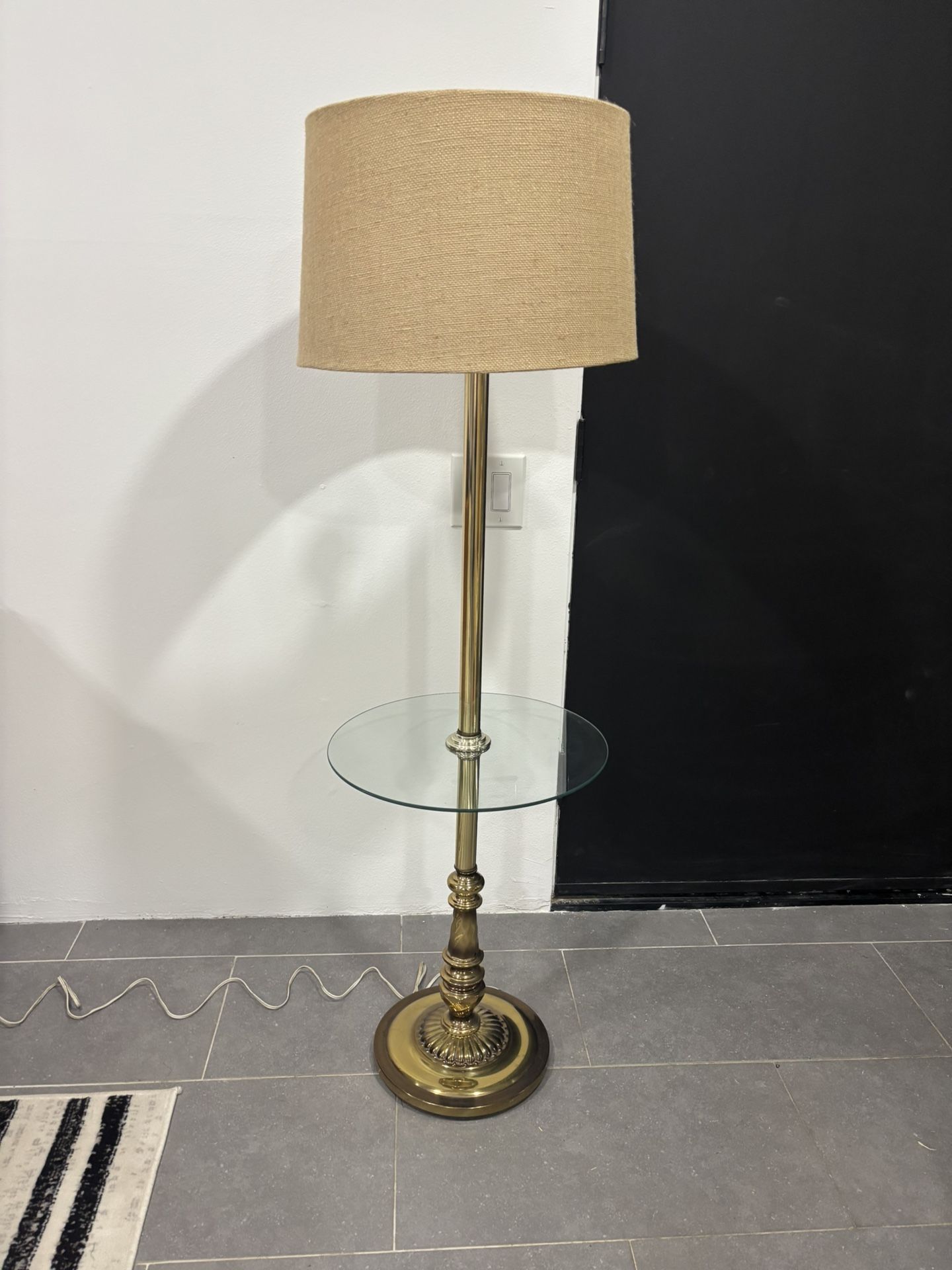 Vintage Brass and Silver Tone Hollywood Regency MCM Mid-Century Floor Lamp with Glass Table