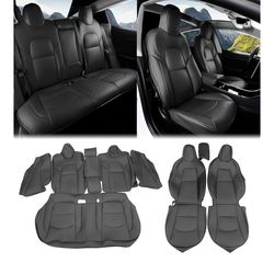 IKON MOTORSPORTS, Full Set Car Seat Covers Compatible with 2017-2023 Tesla Model 3 4-Door, Black Nappa Leather Front & Rear 5-Seat Seat Cover Cushion