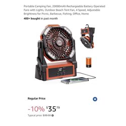 Brand new Portable Camping Fan, 20000mAh Rechargeable Battery Operated Fans with Lights, Outdoor Beach Tent Fan, 4 Speed, Adjustable Brightness for Pi
