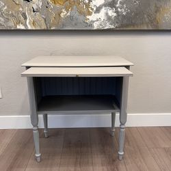 Antique Greige Desk Solid Wood Side Table w/ Storage Shelf & Pull Out Shelf- Fluted Legs