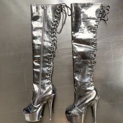 Thigh High Black Leather Heel Boots