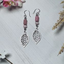 Leaf Charm Earrings With Pink Opals 