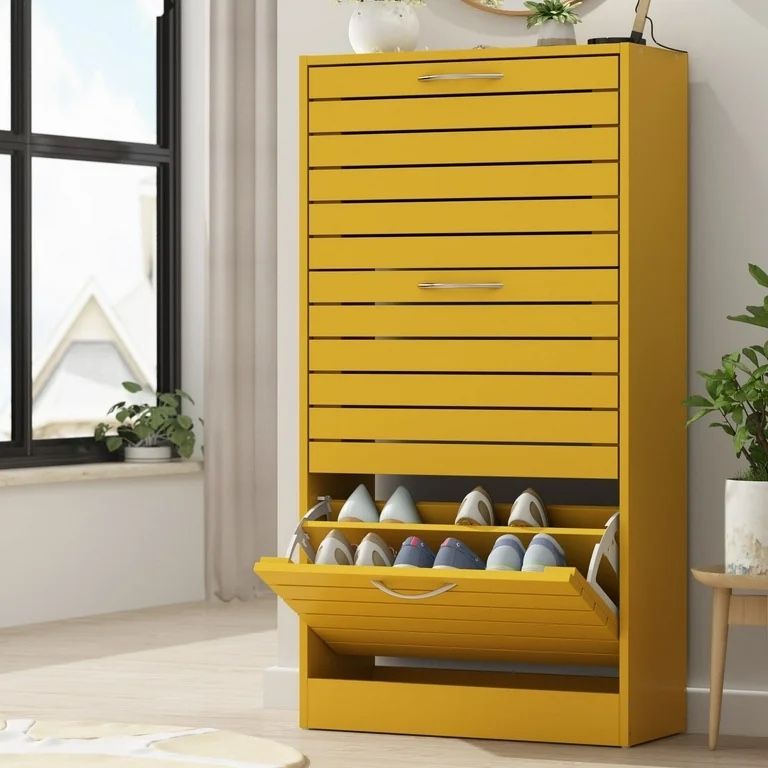 Shoe Cabinet Entryway, 3-Drawer Vertical Organizer, 18-Pair, Yellow