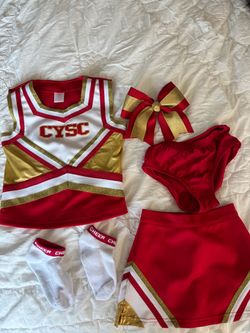 CYSC Youth Small cheerleaders uniform including socks, hair bow, and poms