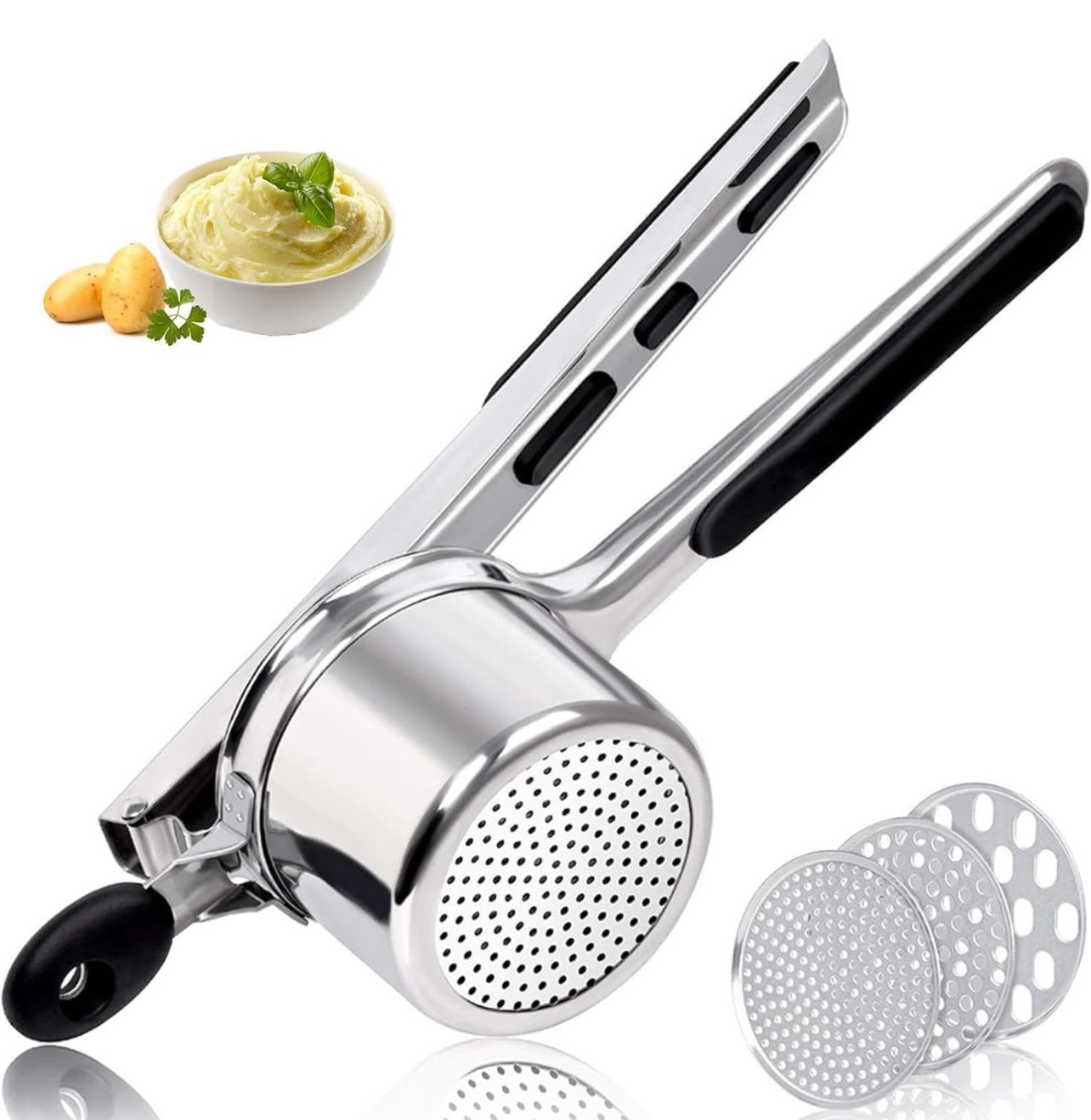 Potato Ricer 15oz, Heavy Duty Stainless Steel Potato Masher with 3 Interchangeable Discs, Large Masher and Ricer Kitchen Tool for Mashed Potatoes, Spa