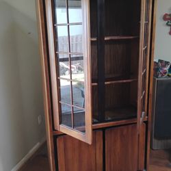 Vintage China Cabinet With Glass Doors Storage Drawer And Light 