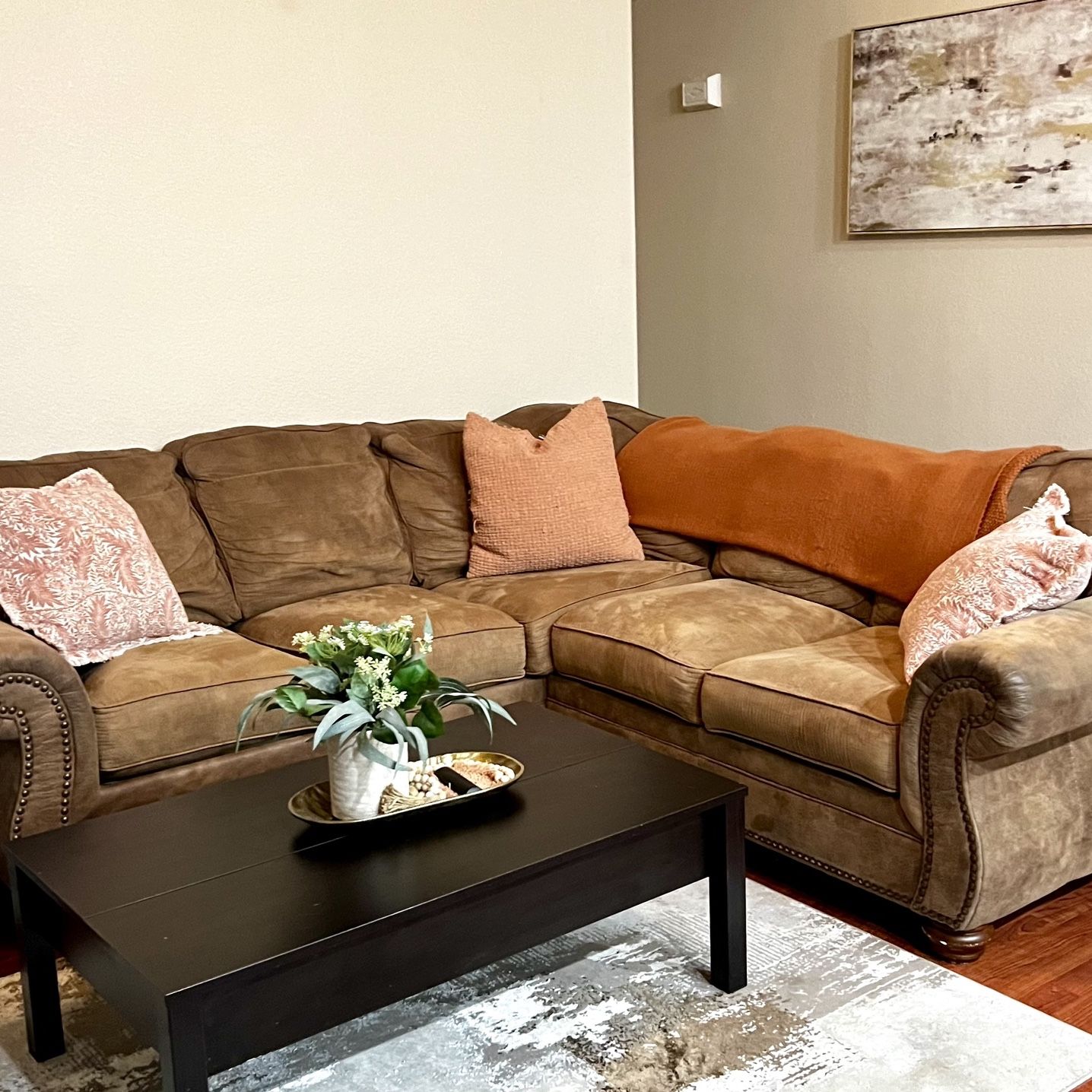 Brown Suede Comfy Sectional Couch 