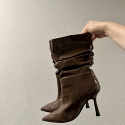 Brown Leather Style Pointy Heel Short Boot 