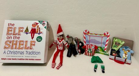 Elf on the shelf, box, book, and lots of accessories