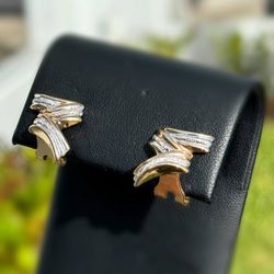 Jewelry 10k hollow two tone yellow gold Z stud clip diamond cut earrings 3.10g