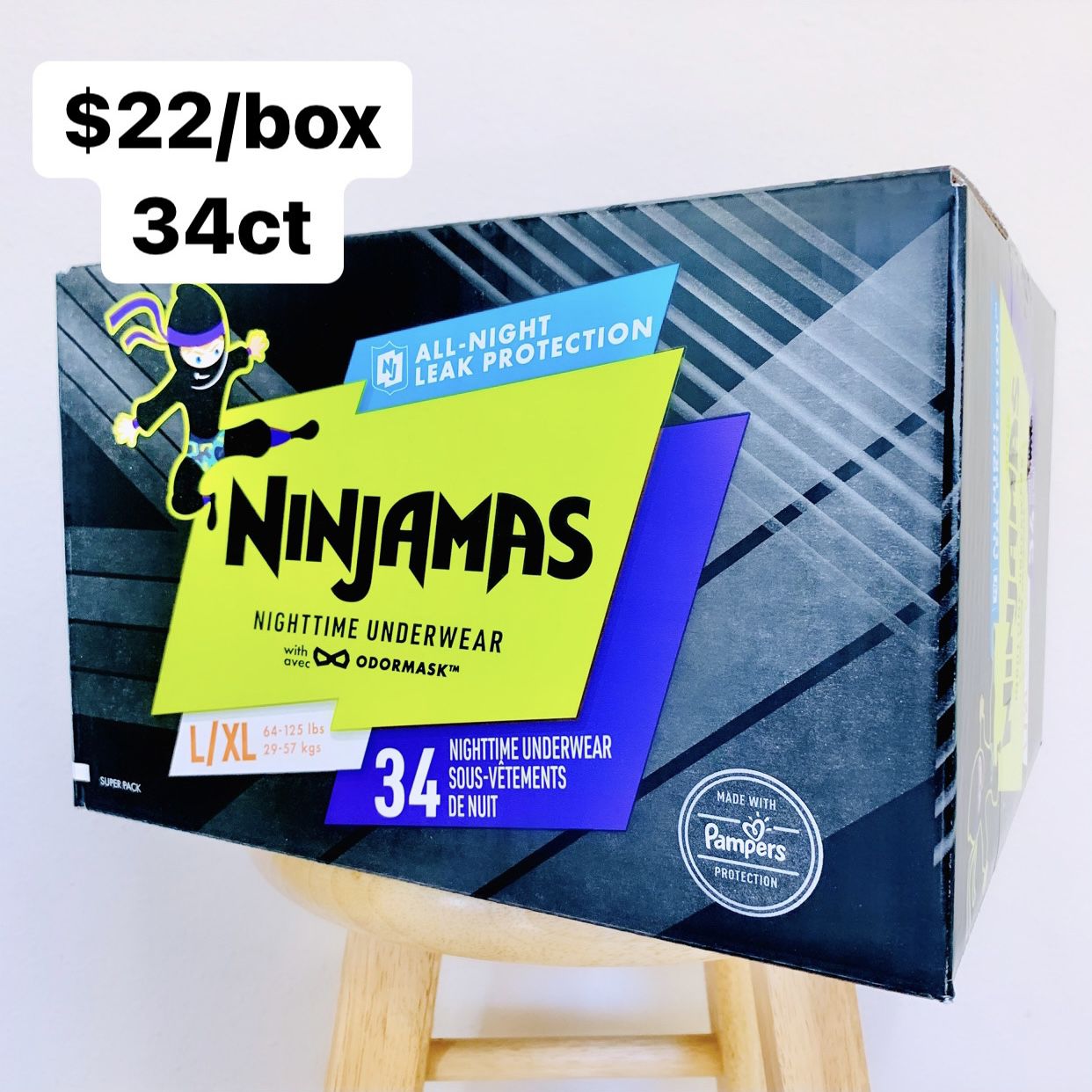 L/XL (64-125 Lbs) Boys Ninjamas Nighttime Underwear (34 Count) for