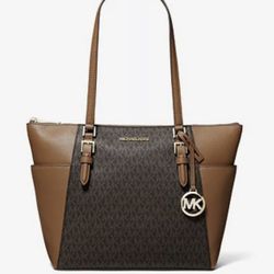 NEW! MICHAEL KORS Large Logo and Leather Top-Zip Tote Bag * Authentic *