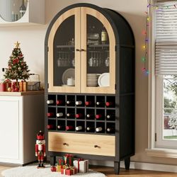 Arched Wine Bar Cabinet with 2 Glass Doors, Liquor Cabinet Wine Cabinet with Stemware Holders and Modular Wine Rack Storage