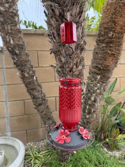 New Red Glass Hummingbird Feeder with Ant Moat & Metal Flowers