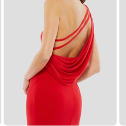 Mac Duggal Red Jersey One Shoulder Draped Back Gown