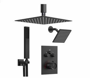 Thermostatic Shower System, 12 Inch Dual Rainfall Shower Heads for Ceilling & Wall Mounted with Handheld Sprayer, Matte Black