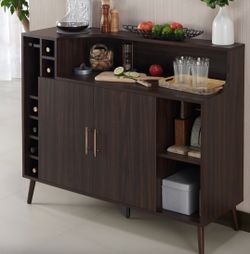 Mid Century Walnut Bar Cabinet w/ wine glass and bottle storage