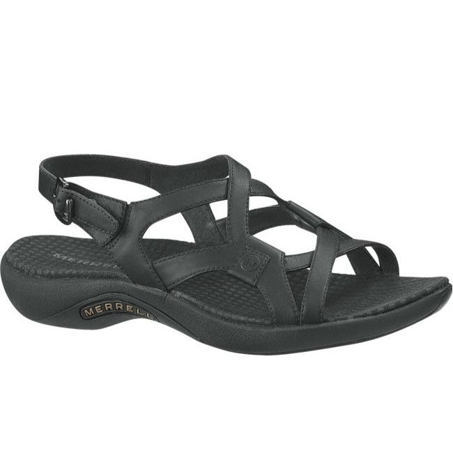MERRELL Womens Black Leather Agave Strappy Slingback Outdoor Hiking Sandals