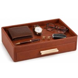 Leather Valet Tray with Drawer for Men, Nightstand Organizer, Brown