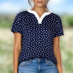 Belyn Key Stacey Women’s Blue Butterfly Print Ruffle Neck Short Sleeve Shirt L