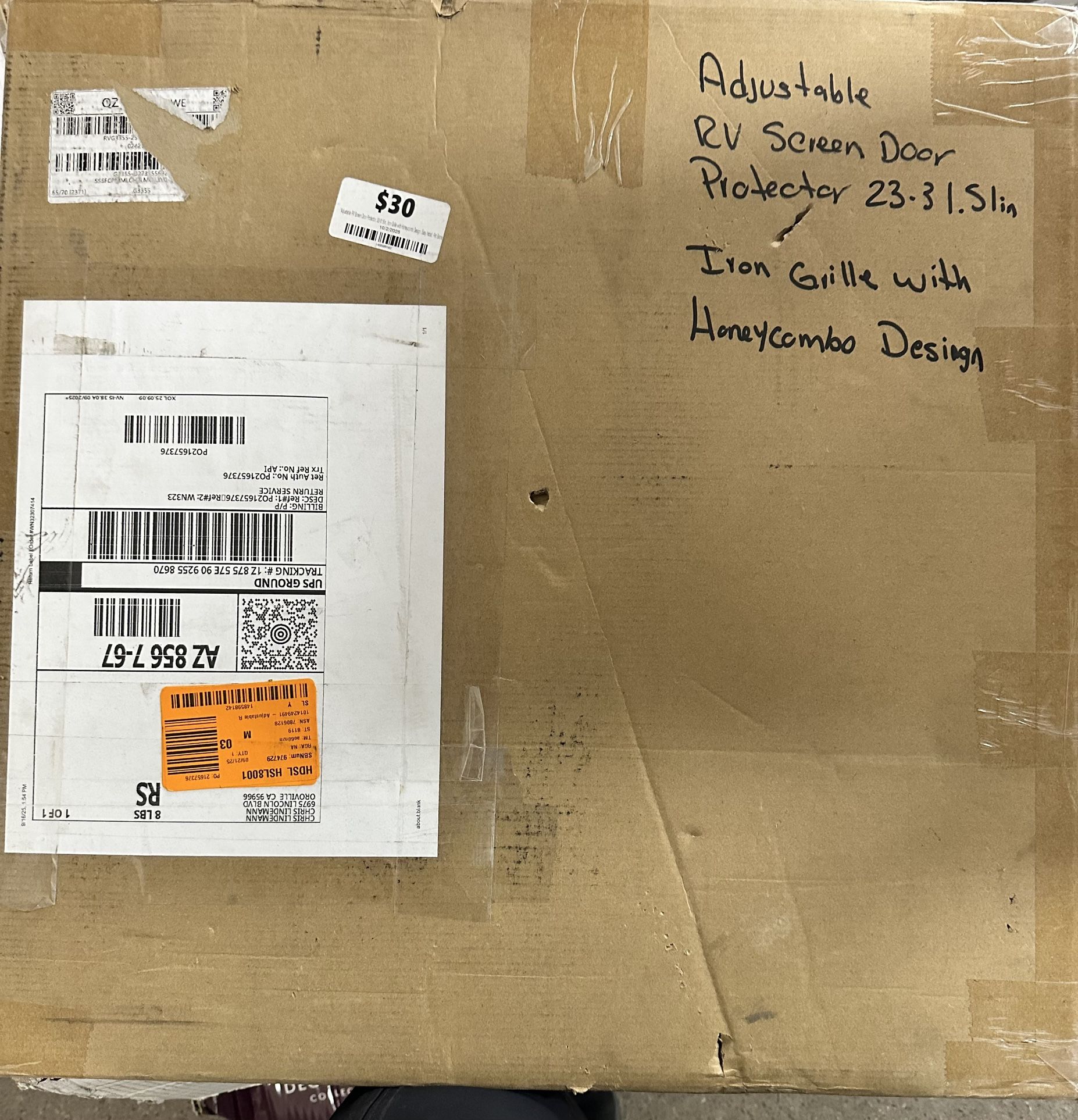 SKYSHALO Adjustable RV Screen Door Protector, 22-31.5in., Iron Grille with Honeycomb Design, Easy Install, Pet Barrier for Camper