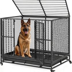 42 Inch Heavy Duty Dog Crate, Folding Dog Kennel for Medium/Small Dogs, Metal Dog Cage with Lockable Wheels, Dual Locks, Removable Tray, Easy Assembly