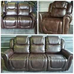 Brand New Brown Leather Reclining Sofa Loveseat & Chair 