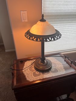 American Lighting Ornate Table Lamp – Frosted Floral Glass Shade – $40