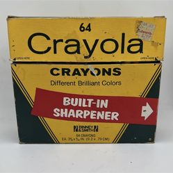 The Crayola No. 64 Box 1978, missing Lemon yellow, brown, apricot, peach, sky blue. Crayons have been used/sharpened