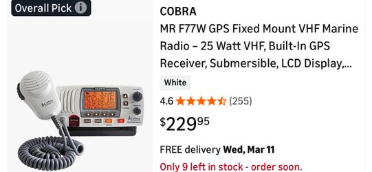 Cobra MR F77W GPS Fixed Mount VHF Marine Radio