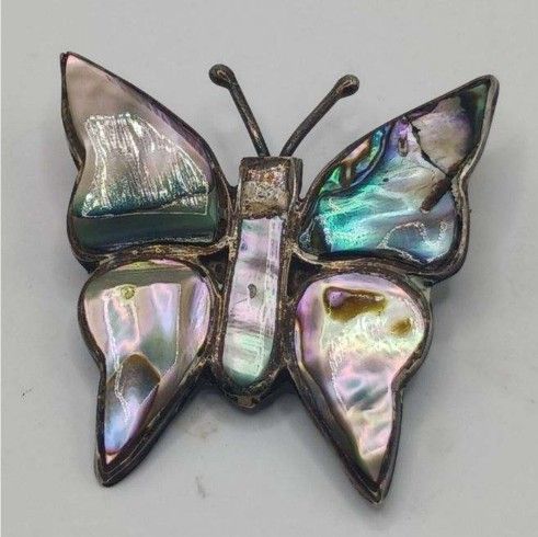 Vintage Estate Taxco Mexico Sterling Silver 925 & Abalone Butterfly Brooch Pin