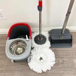 (Brand New) $35 (Combo Set) Broom Dustpan & Spin Mop Wheels Extended Handle with 2pc Microfiber Mop Heads