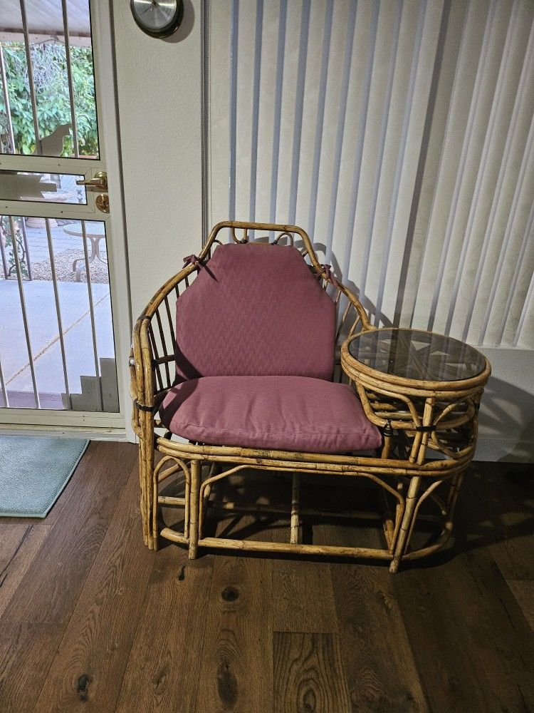 Mid Century Rattan Chair With Attached Table