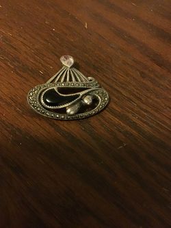 Onyx and Crystal Brooch, 925 Sterling Silver.