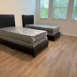 TWO NEW BED FRAME TWIN SIZE WITH MATTRESS AND BOX SPRING 