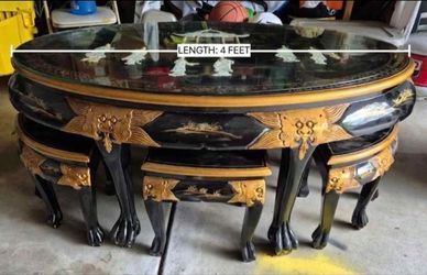 Vintage Asian Black Lacquer Coffee Table Set w/ 6 Nesting Stools & Mother of Pearl Inlay