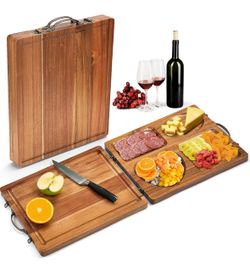 Double Side Acacia Wood Serving Tray, Serving Platters and Trays, Charcuterie Boards Wooden Tray with Vintage Metal Handles, Wooden Cutting Boards for