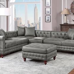 Brand New Grey Leather Retro Style Sectional Sofa w Ottoman 