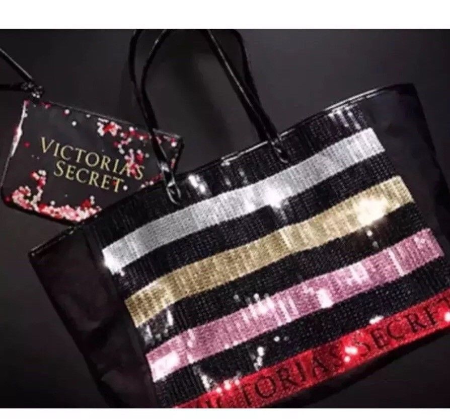 Victorias Secret Black Silver Sequin LTD Edition Tote Weekend Beach Bag NEW